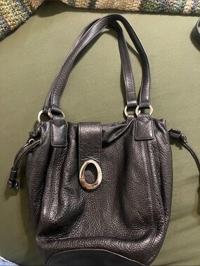 Oroton Black Pebbled Leather Shoulder Bag with Silver Hardware